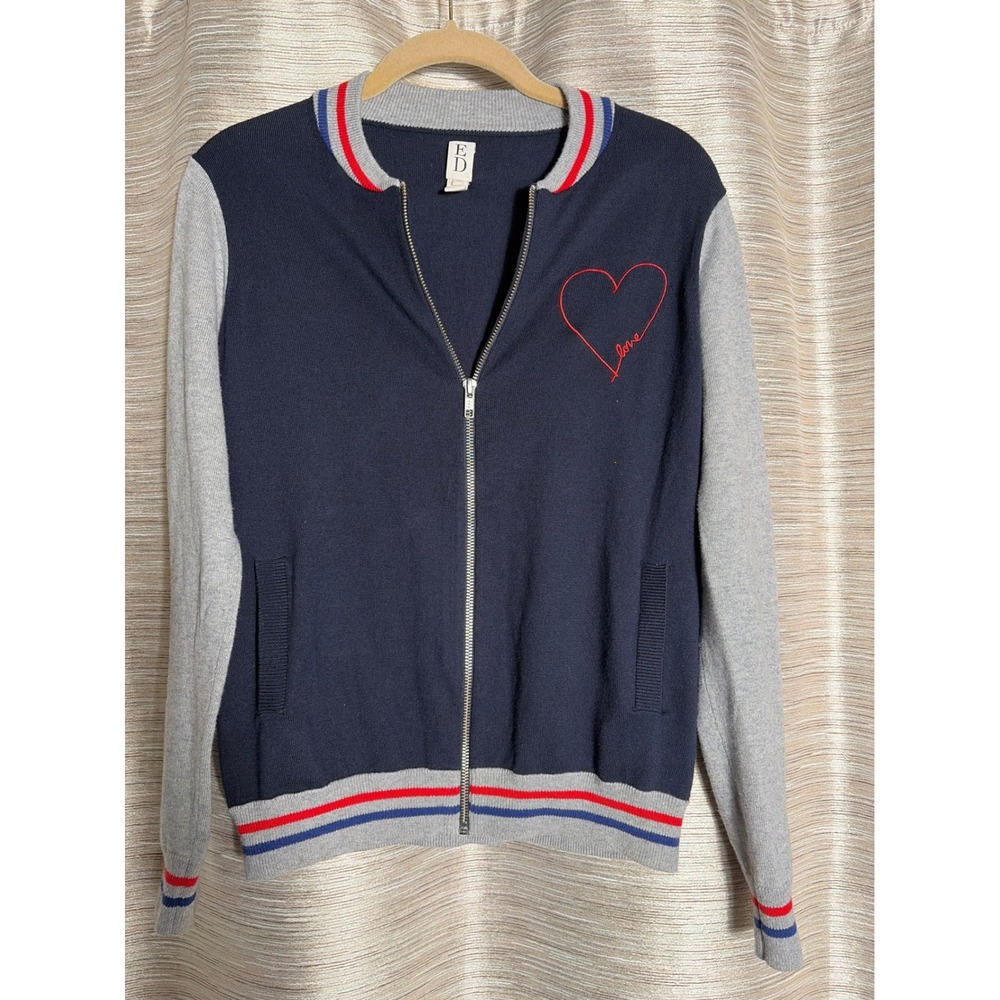 ED Ellen DeGeneres Womens Navy Cashmere Blend Heart Zip Up Bomber Sweater‎ XS